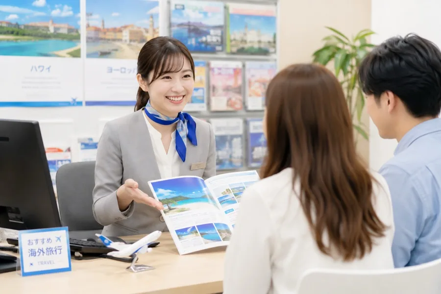 Staff member advising a customer at the travel counter
